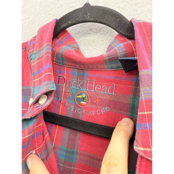 90s Duck Head Mens Red Green Plaid Classic Oxford Long Sleeve Button Down Shirt - Picture 3 of 8